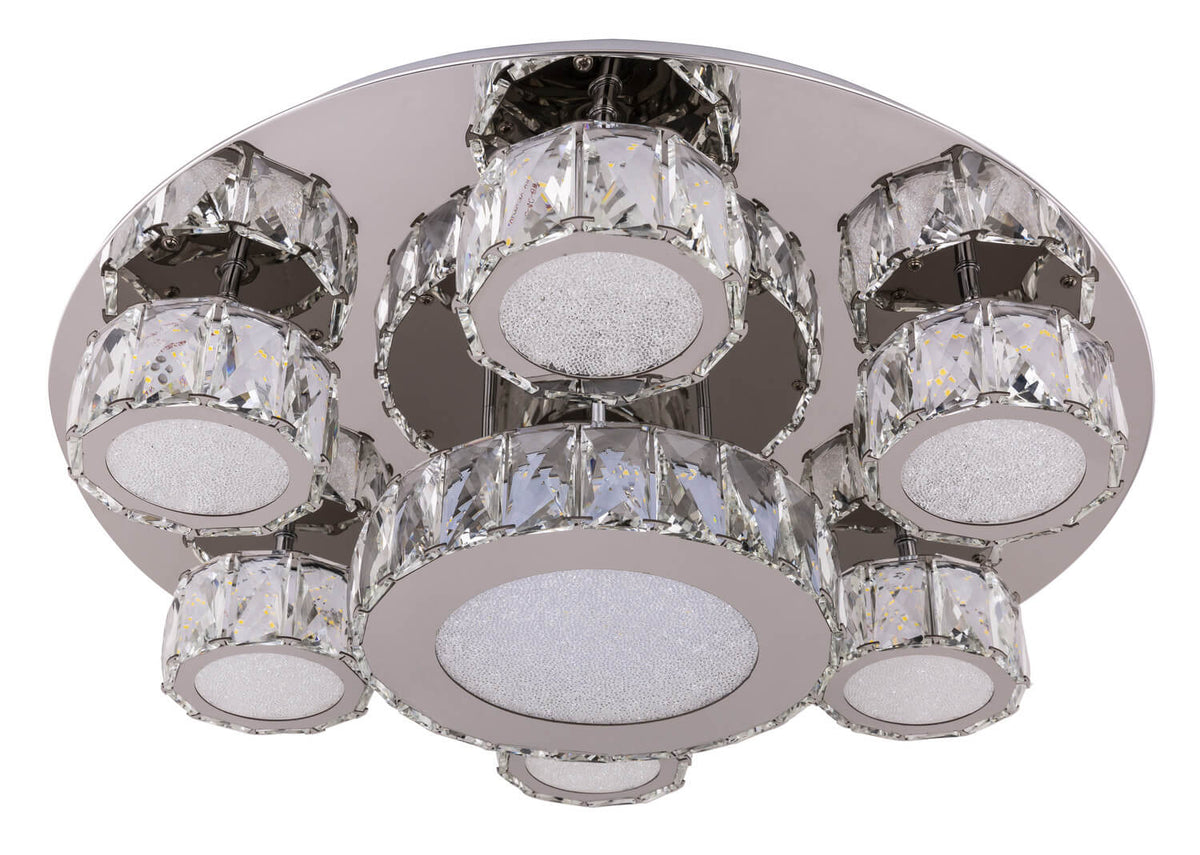 Détail des diffuseurs LED granulés entourés de cabochons de cristal transparents