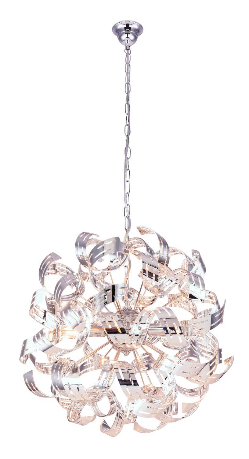 Vue de trois quarts du luminaire montrant la chaîne et le cabochon de fixation plafond