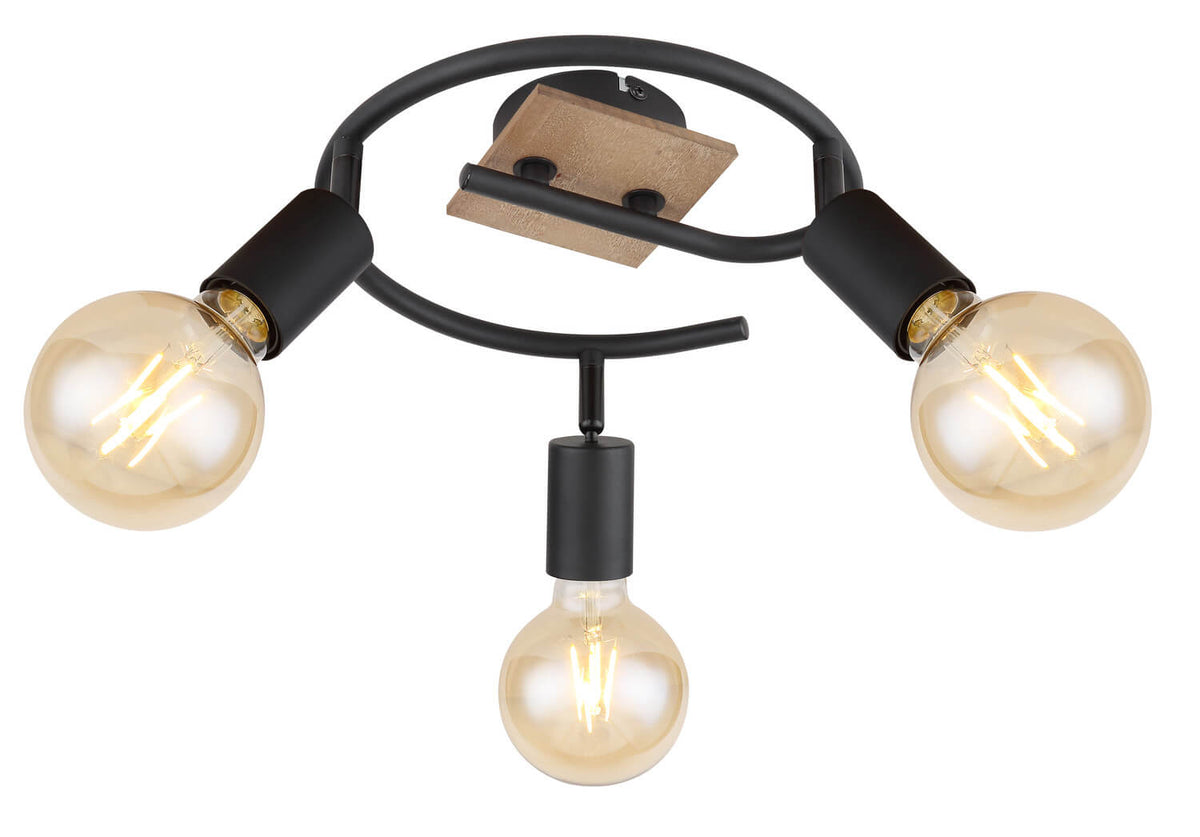 Spot de plafond noir circulaire vu de face, trois ampoules rondes allumées