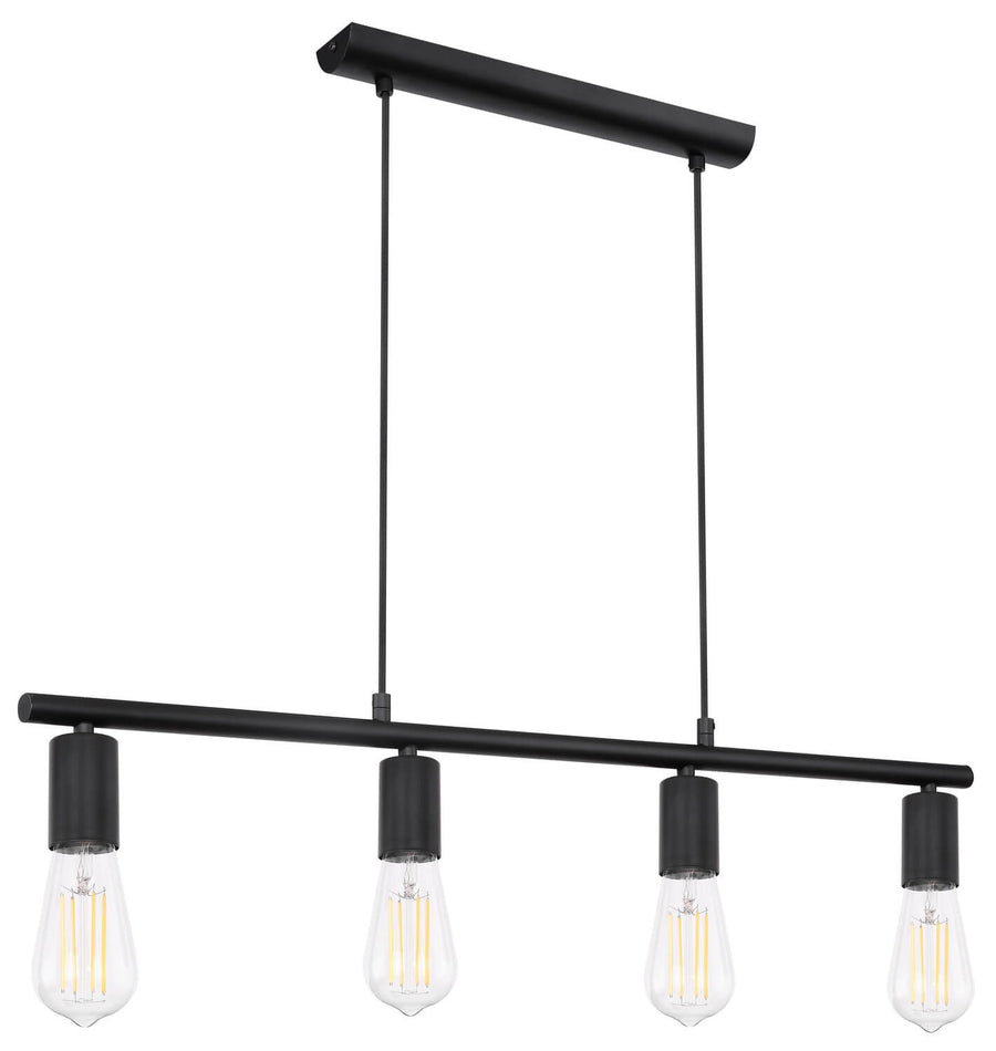 Vue en perspective du luminaire suspendu, barre noire et quatre ampoules Edison allumées