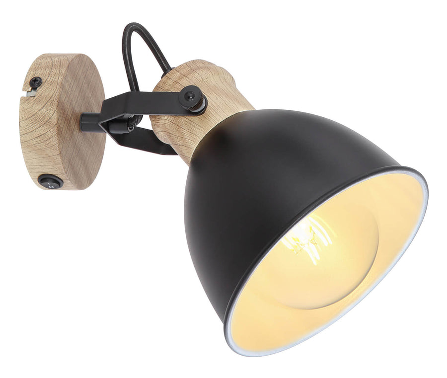 Spot mural de trois quarts, abat-jour noir orientable et support en bois clair