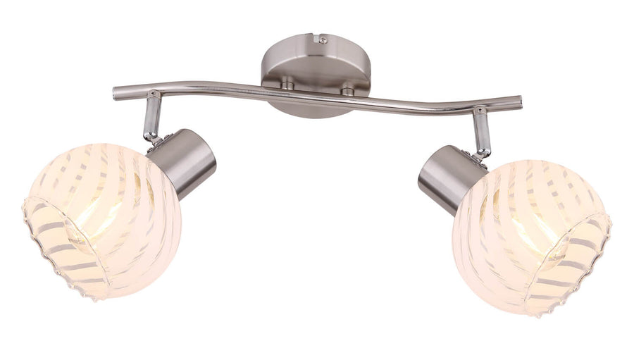 Face avant du spot plafond double, structure en métal nickel et diffuseurs sphériques striés.
