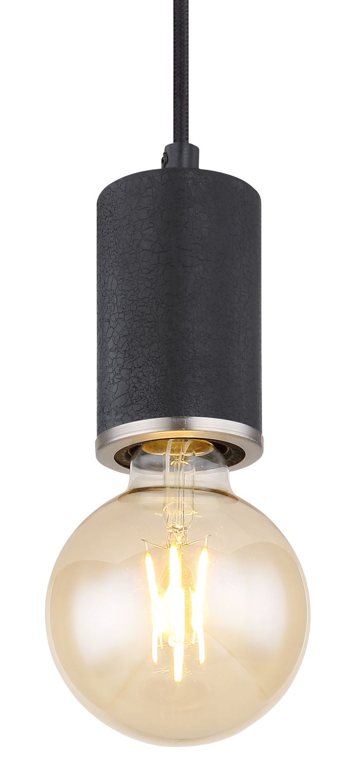 Détail rapproché de la douille cylindrique texturée et de l'ampoule globe allumée.