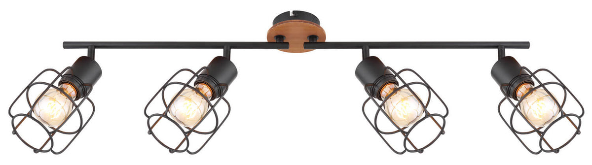 Vue de face du luminaire noir avec quatre spots cages et ampoules