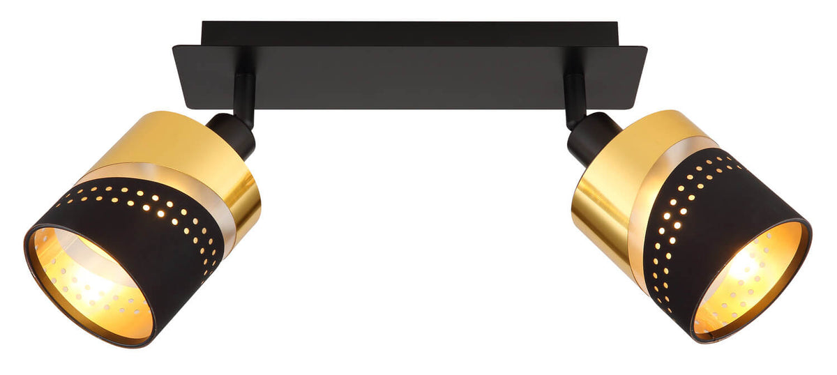 Vue de face du luminaire double à deux spots cylindriques noirs et dorés orientables