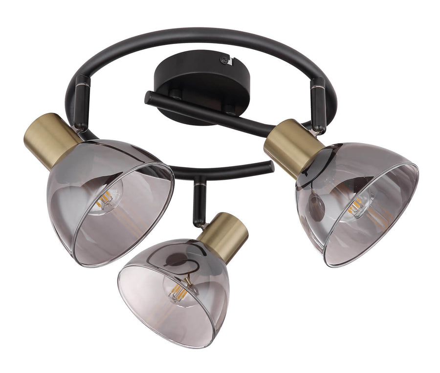 Luminaire trois spots vu de dessous, abat-jours fumés et ampoules visibles