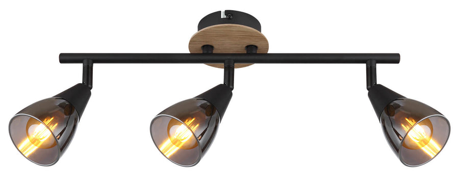 Vue de face du luminaire : barre horizontale, trois spots noirs et ampoules visibles.