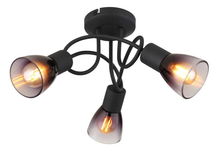 Vue rapprochée du luminaire, bras courbés noirs et diffuseurs en verre fumé transparent