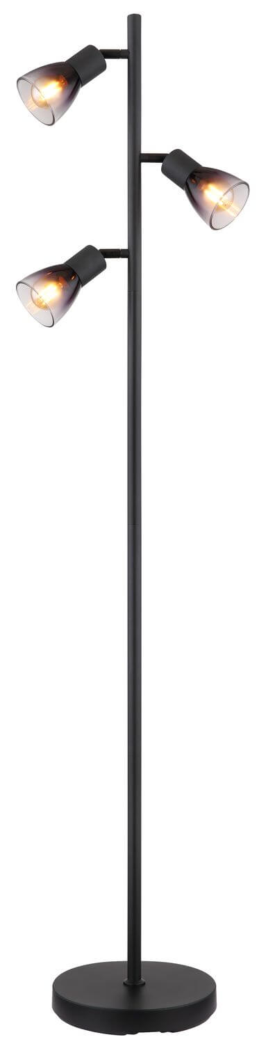Vue de face du lampadaire sur fond blanc, pied rond et trois spots coniques