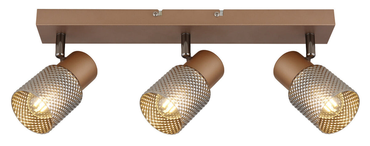 Vue de face du spot triple marron avec trois projecteurs cylindriques orientables alignés.