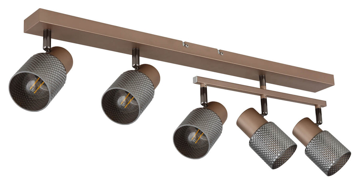 Vue du luminaire cinq spots orientables, abat-jour métalliques ajourés, sans éclairage allumé