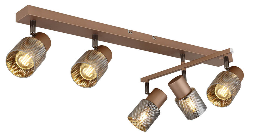 Perspective du spot plafond cinq têtes, abat-jour cylindriques perforés et lumière chaude