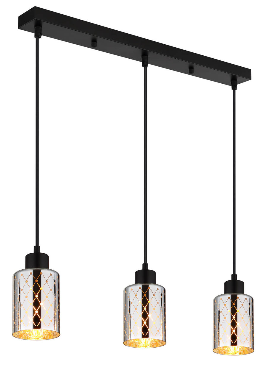 Vue légèrement inclinée du luminaire, montrant la barre rectangulaire et les trois suspensions noires.