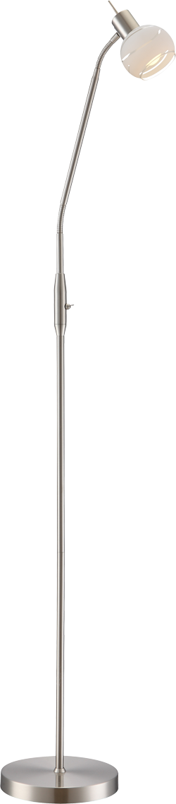 Lampadaire nickel satiné avec globe en verre et bras inclinable sur socle rond.