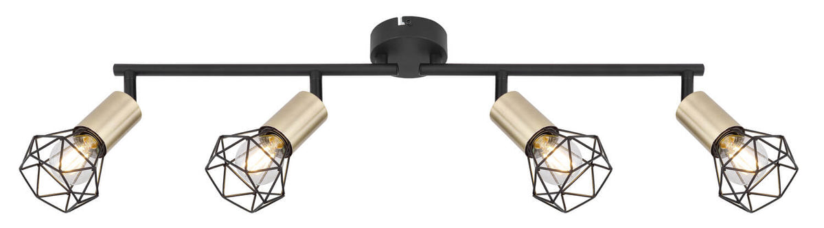 Vue de face du luminaire plafond, quatre spots alignés sur une barre noire