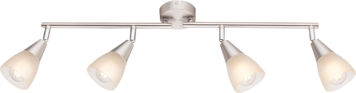 Vue rapprochée du luminaire, détaillant la finition nickel satiné et les diffuseurs opalins.