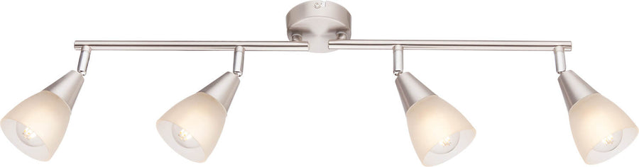 Vue rapprochée du luminaire, détaillant la finition nickel satiné et les diffuseurs opalins.