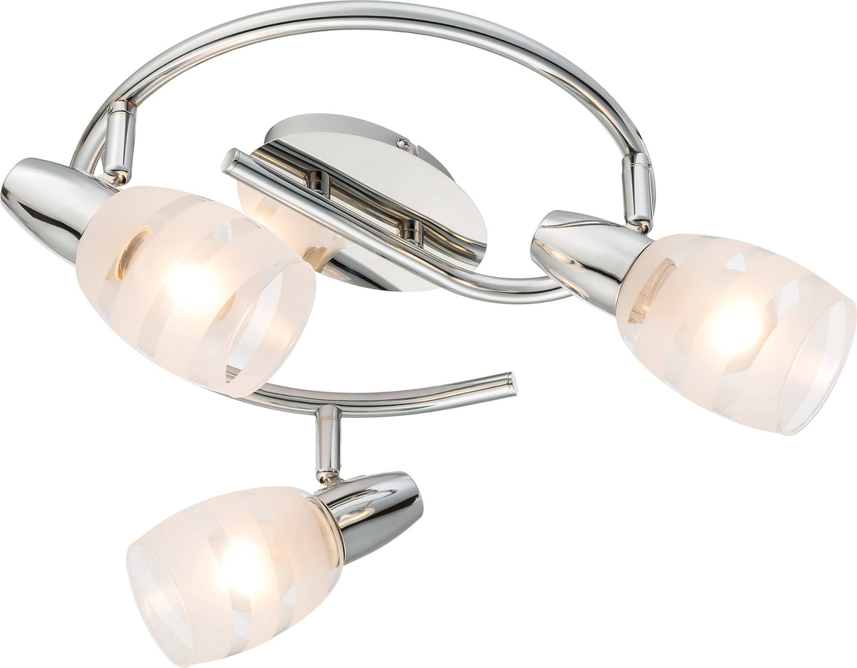 Plafonnier chromé à trois spots orientables, verres blancs dépoli, lumière chaude allumée