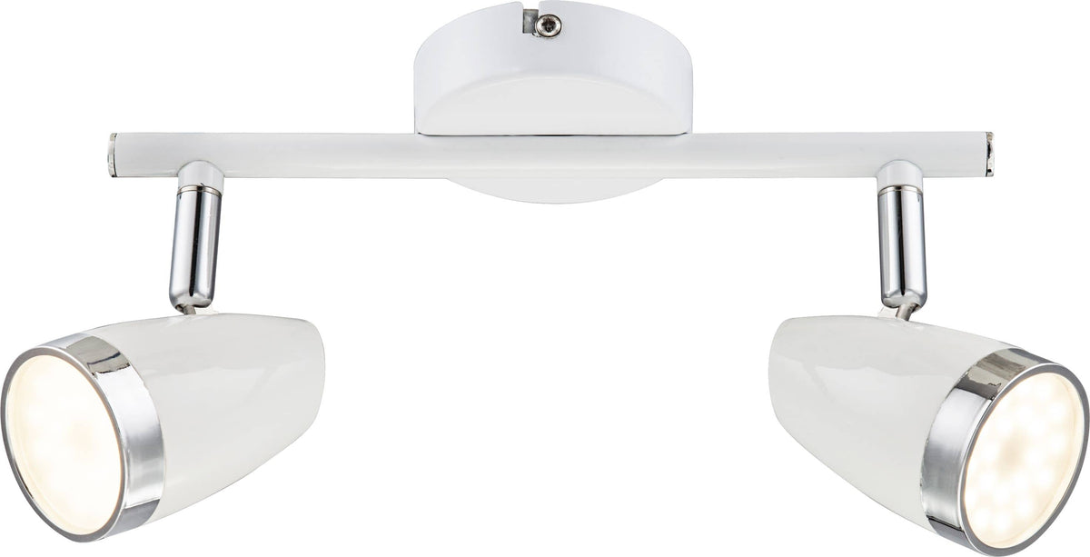Détail des projecteurs blancs à cerclage chromé et orientation réglable.