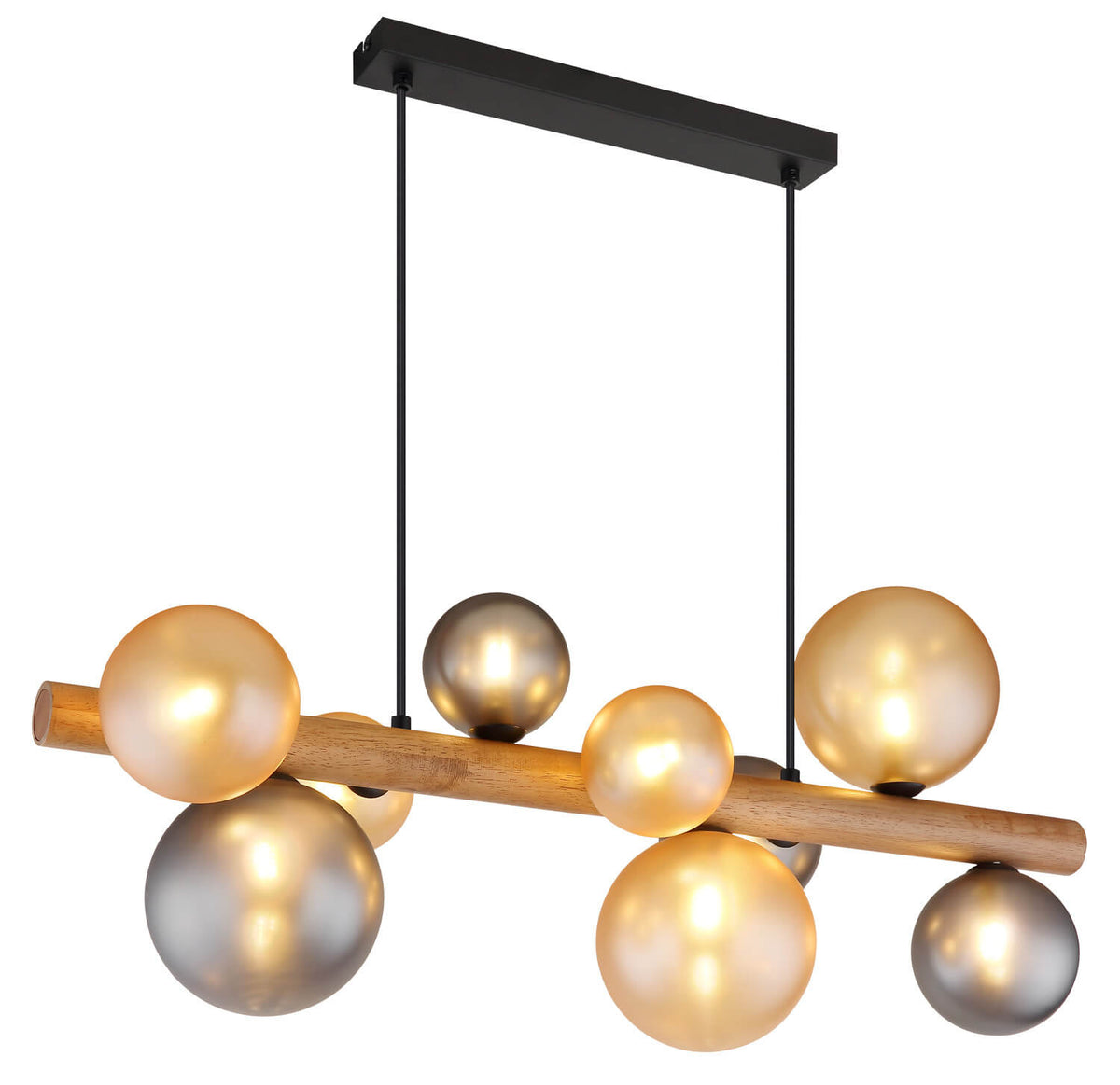 Suspension en bois avec boules de verre ambrées et fumées, fond blanc