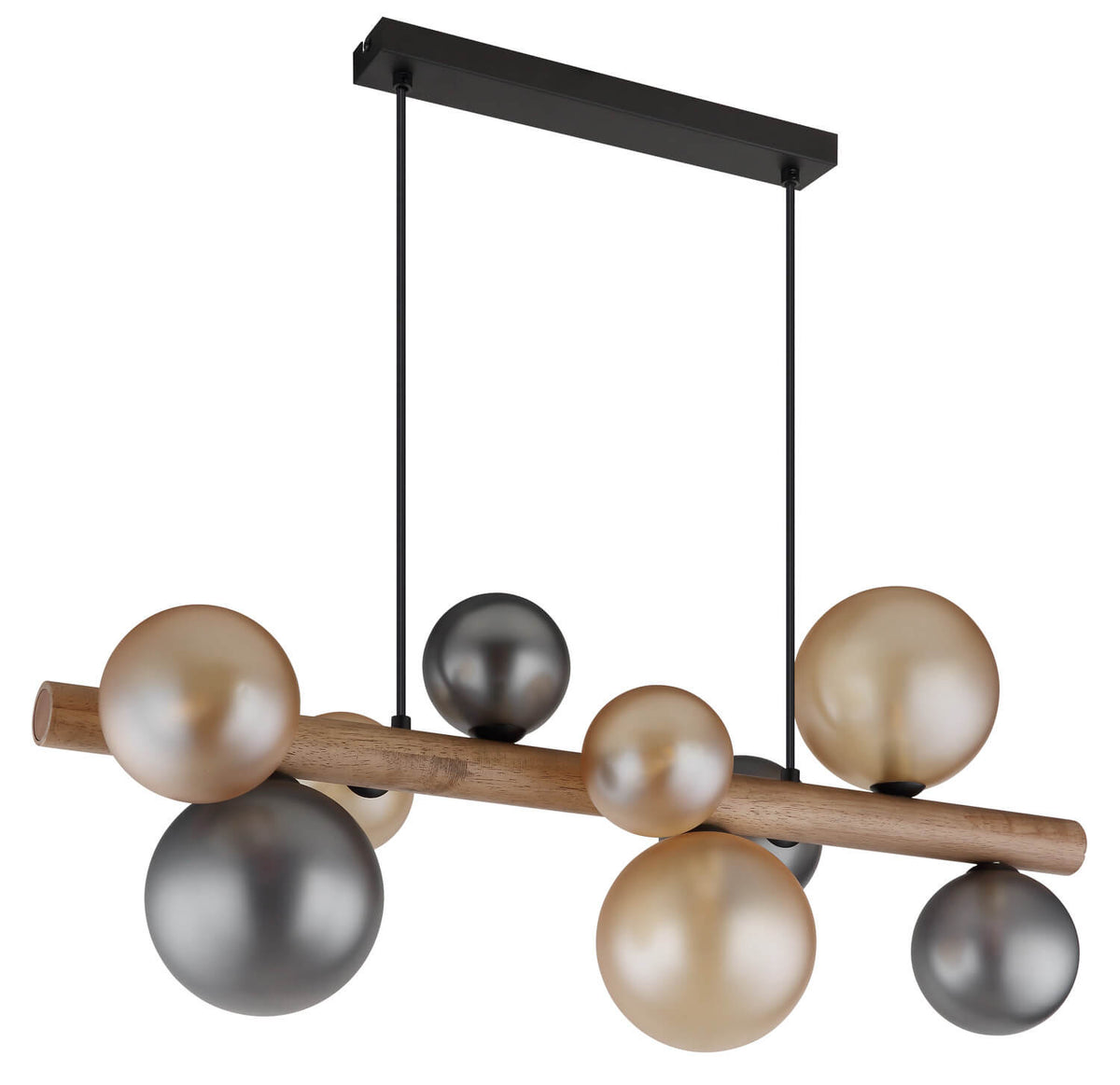 Vue de face du luminaire, boules éteintes, structure en bois et métal noir