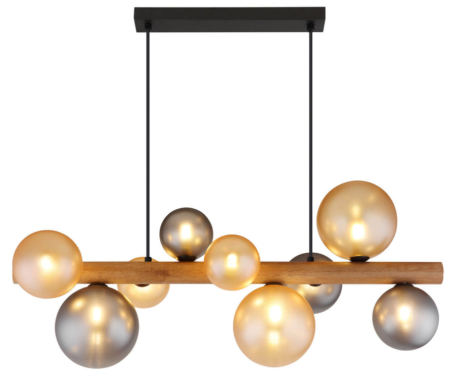 Luminaire allumé, suspension linéaire avec globes colorés sur poutre en bois