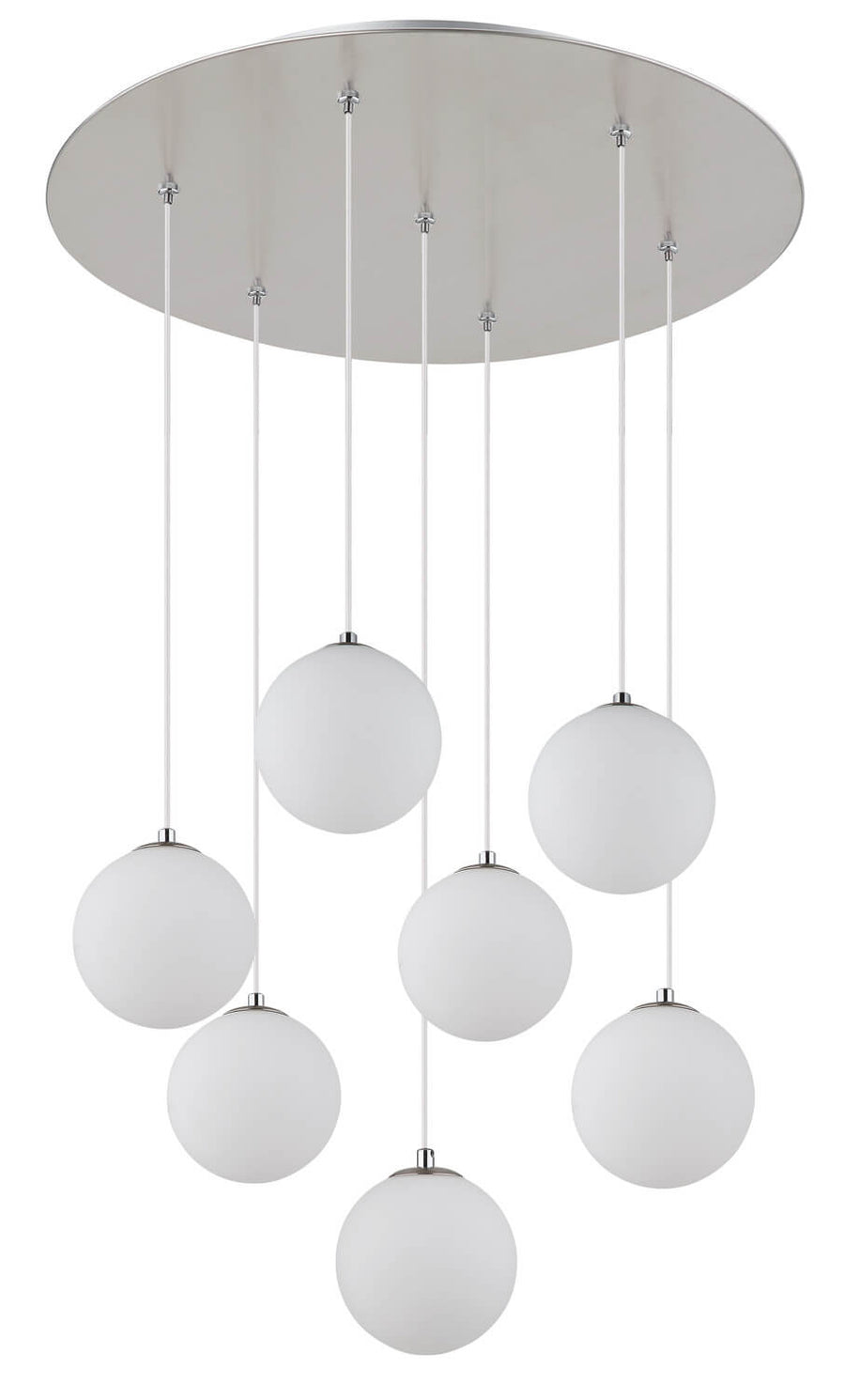 Platine ovale nickel satiné et fixations des câbles, globes éteints
