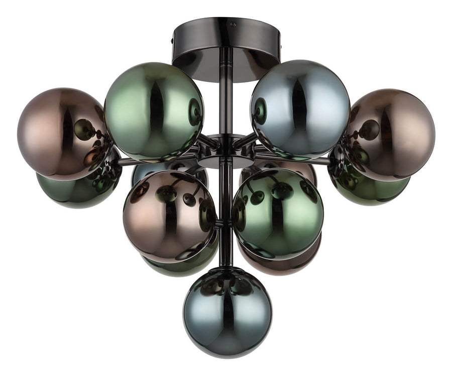 Vue de trois quarts du luminaire éteint, globes verts, bruns et bleutés