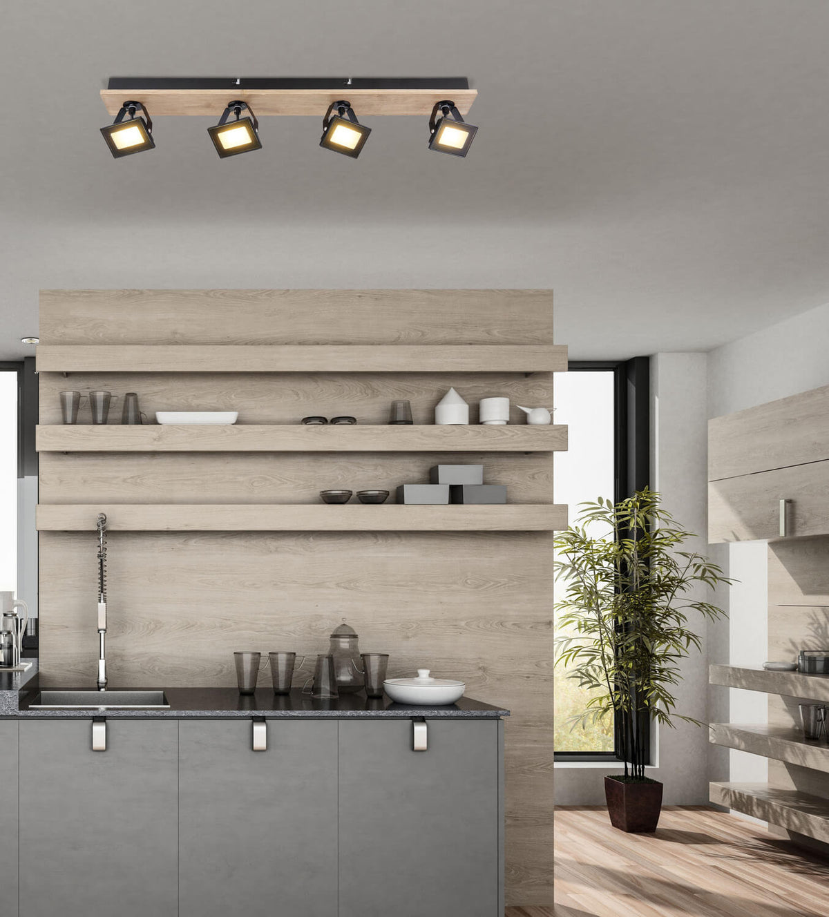 Mise en ambiance du plafonnier fixé au plafond dans une cuisine contemporaine.