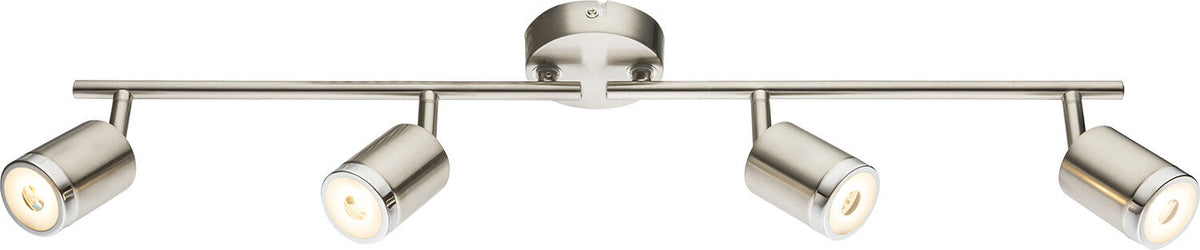 Vue de face du spot plafond quatre cylindres orientables, finition nickel satiné.