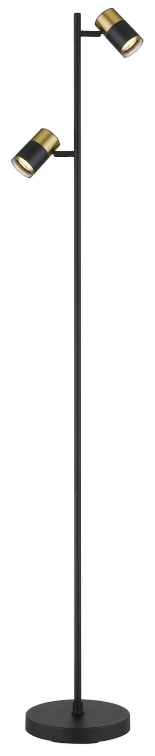 Vue en pied du lampadaire noir et de ses deux têtes cylindriques orientables.