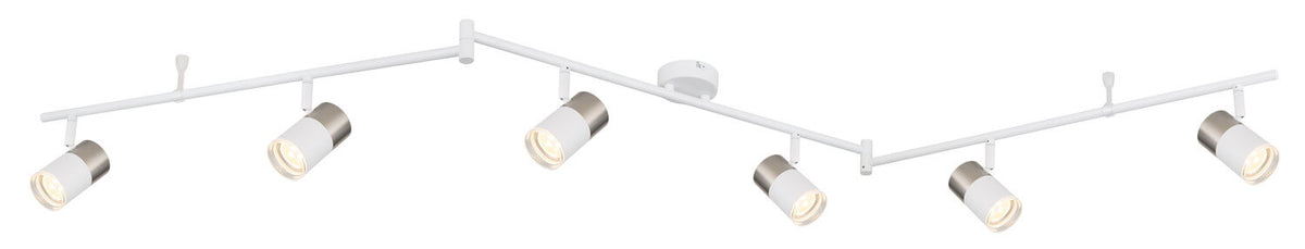 Rail blanc déployé avec six projecteurs cylindriques, présentation produit sur fond blanc