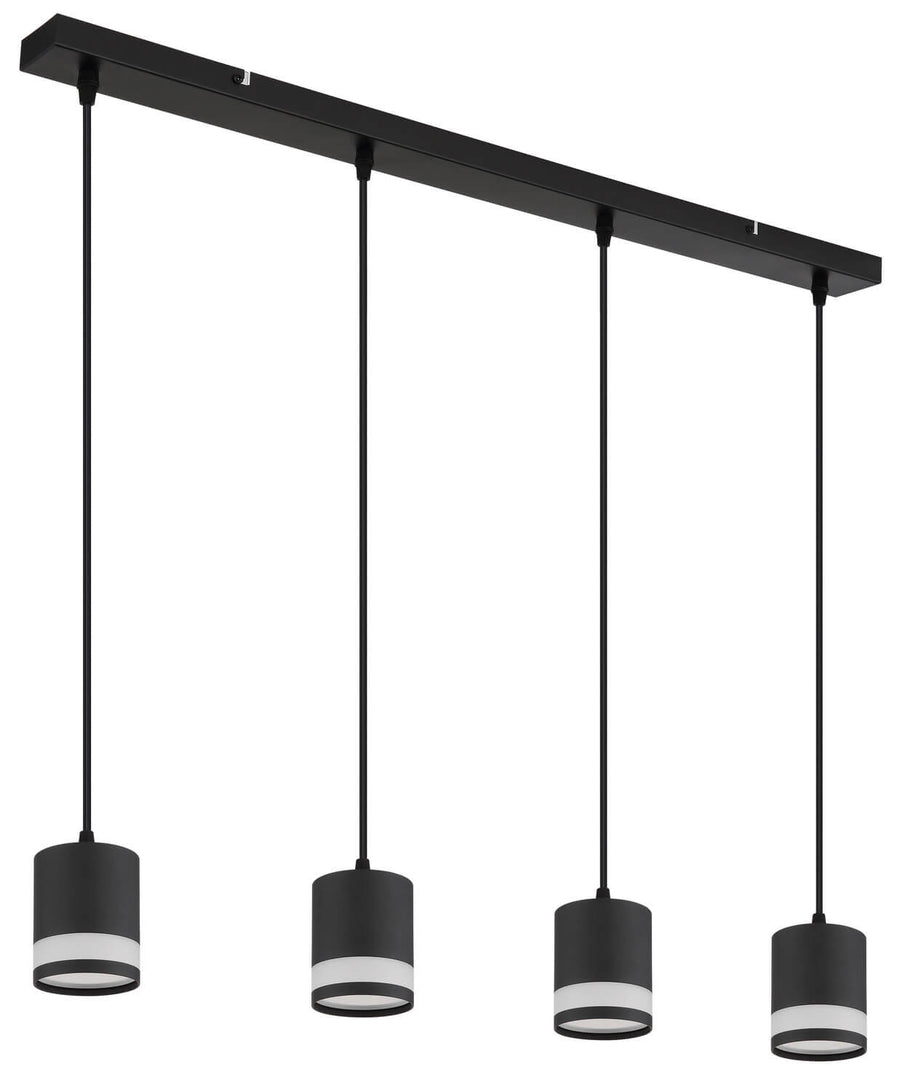 Vue de trois quarts du luminaire, diffuseurs blancs éclairés et finition noire mate