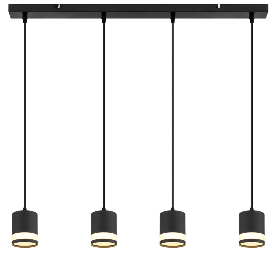 Vue de face du luminaire éteint, quatre abat-jours cylindriques alignés sous le support