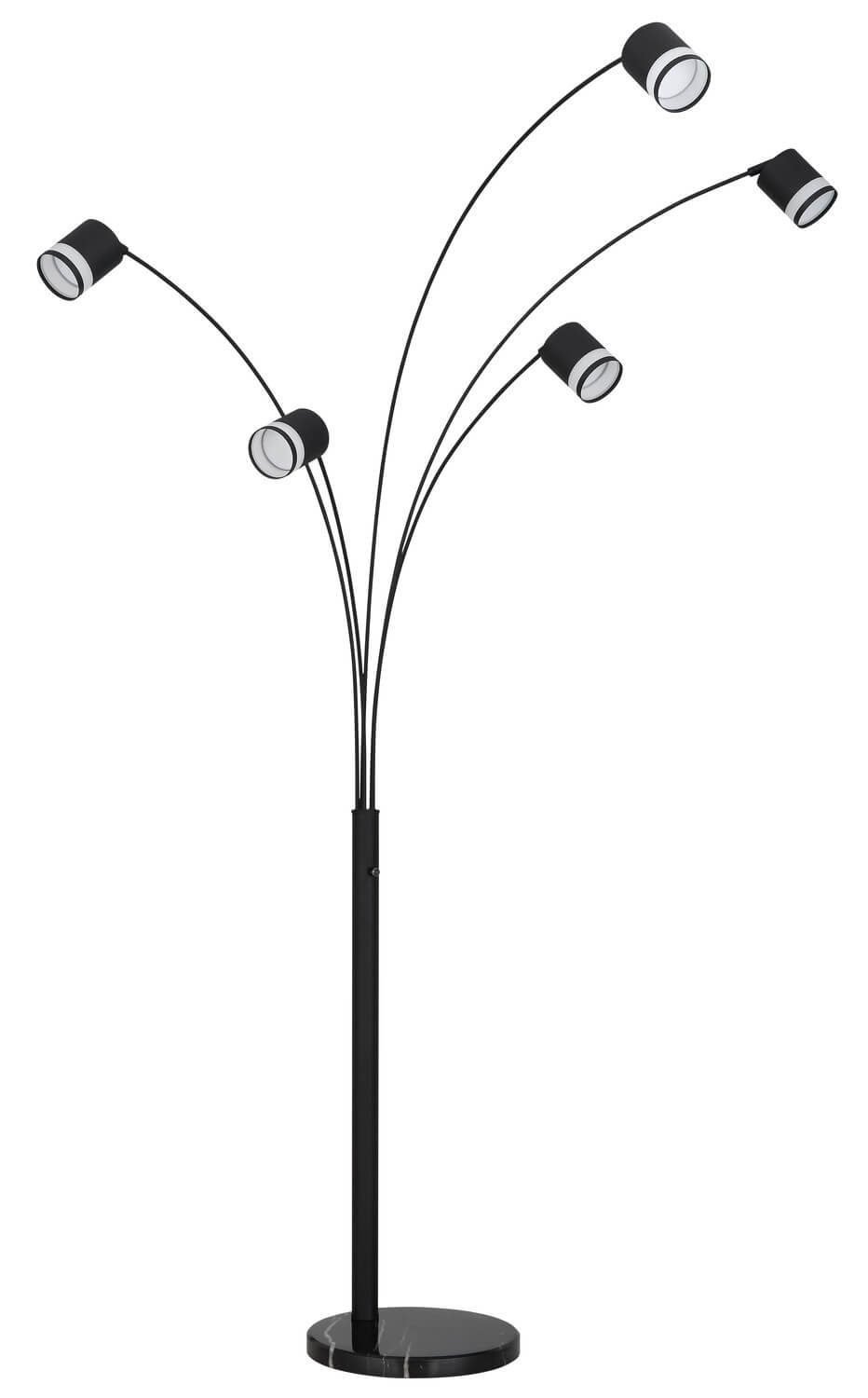 Lampadaire noir entier, pied rond effet marbre et câble d'alimentation visible, fond blanc.
