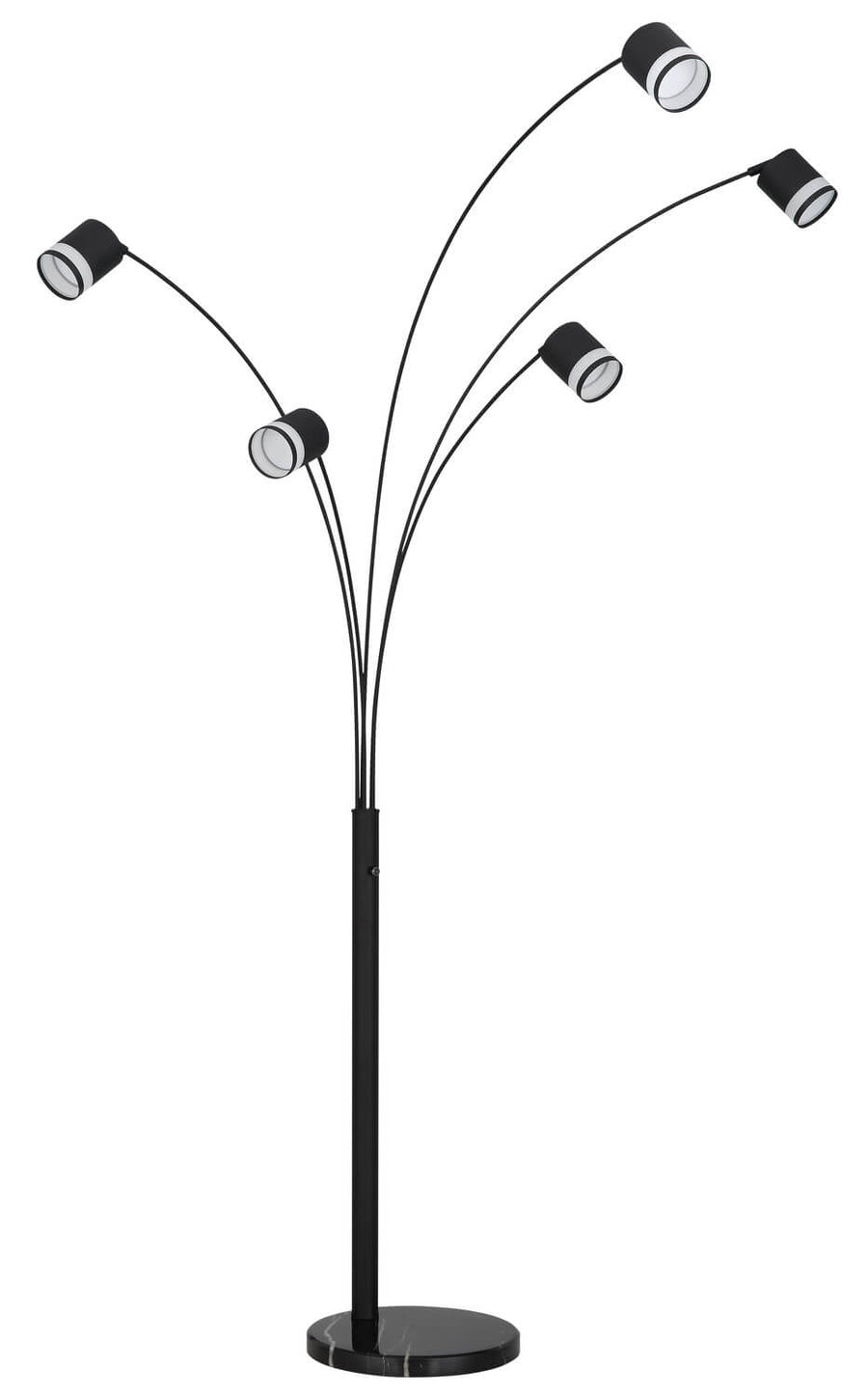 Lampadaire noir entier, pied rond effet marbre et câble d'alimentation visible, fond blanc.