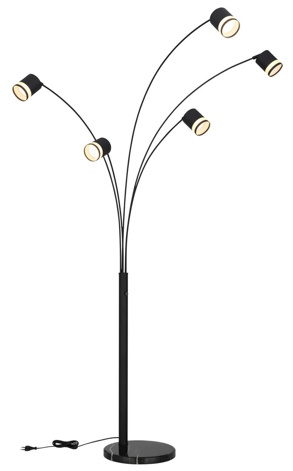 Vue de face du lampadaire noir avec cinq bras courbes, têtes cylindriques et base marbre.