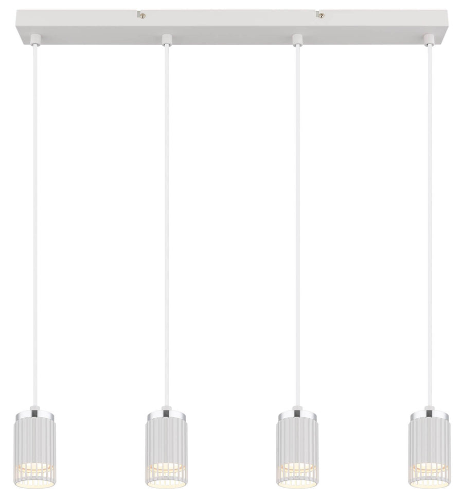 Vue de face de la suspension, quatre cylindres diffusant une lumière chaude sous la barre