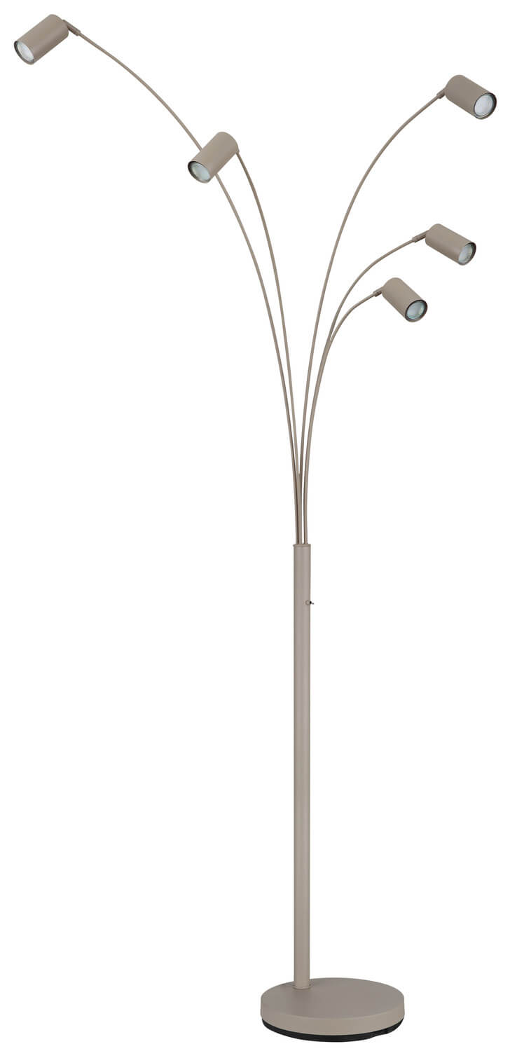 Vue en légère plongée du lampadaire taupe et de ses cinq spots