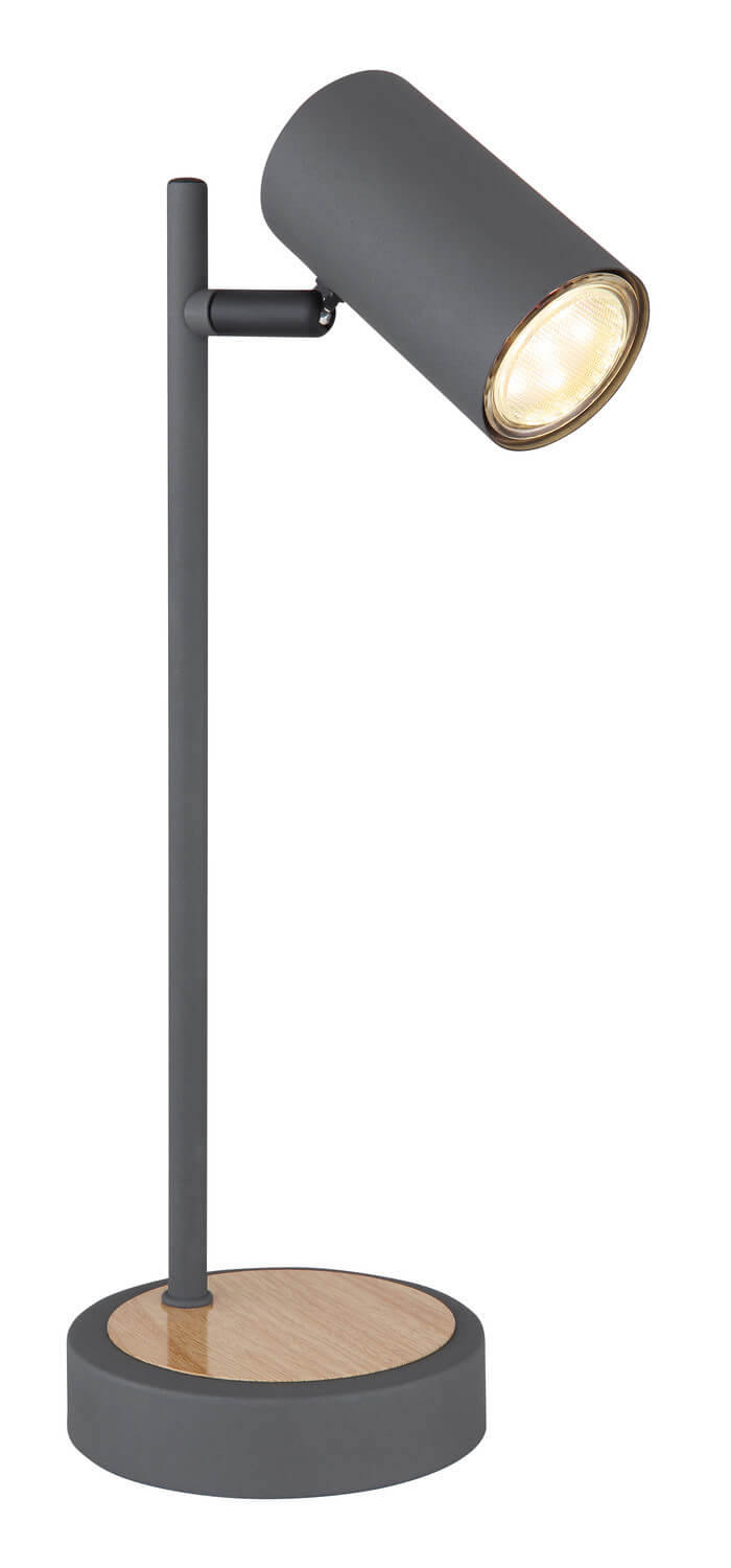 Vue de profil de la lampe à poser grise, tige fine et socle rond en bois.