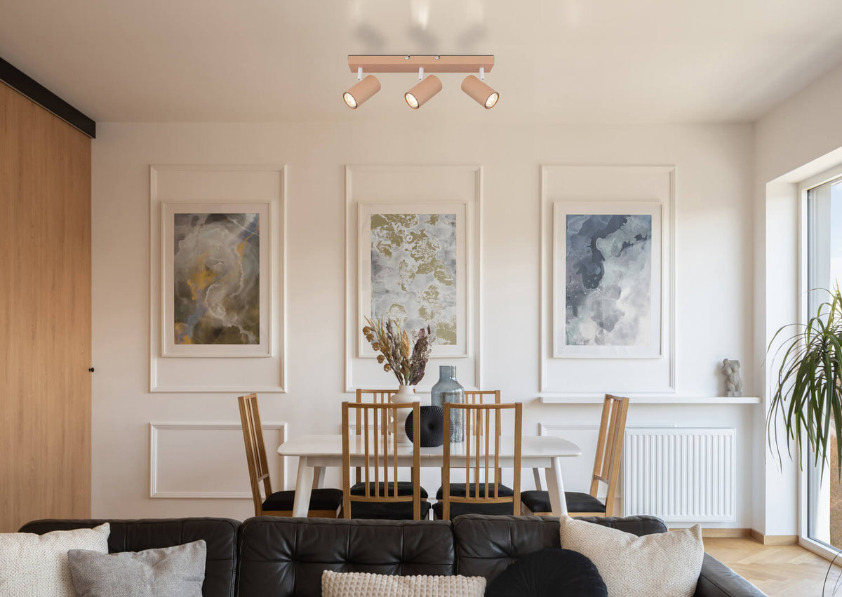 Mise en ambiance au-dessus d'une table à manger dans un salon contemporain