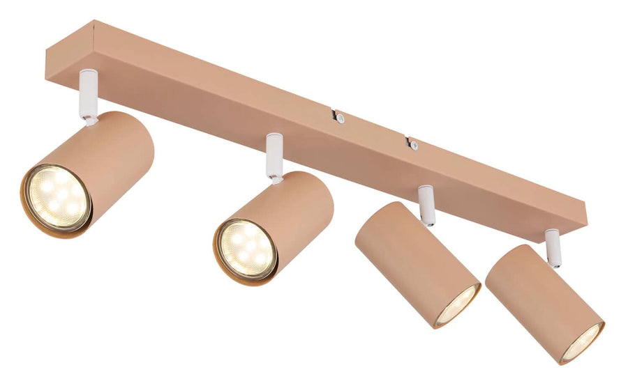 Vue rapprochée du même spot quatre projecteurs orientables, finition beige et détails blancs.