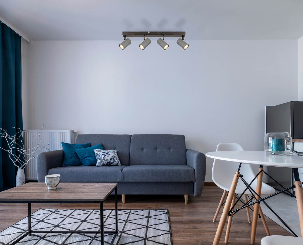 Mise en ambiance au plafond d'un salon moderne avec canapé gris et table