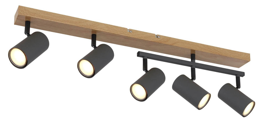 Autre angle du plafonnier montrant les spots orientables et la structure bois et métal.