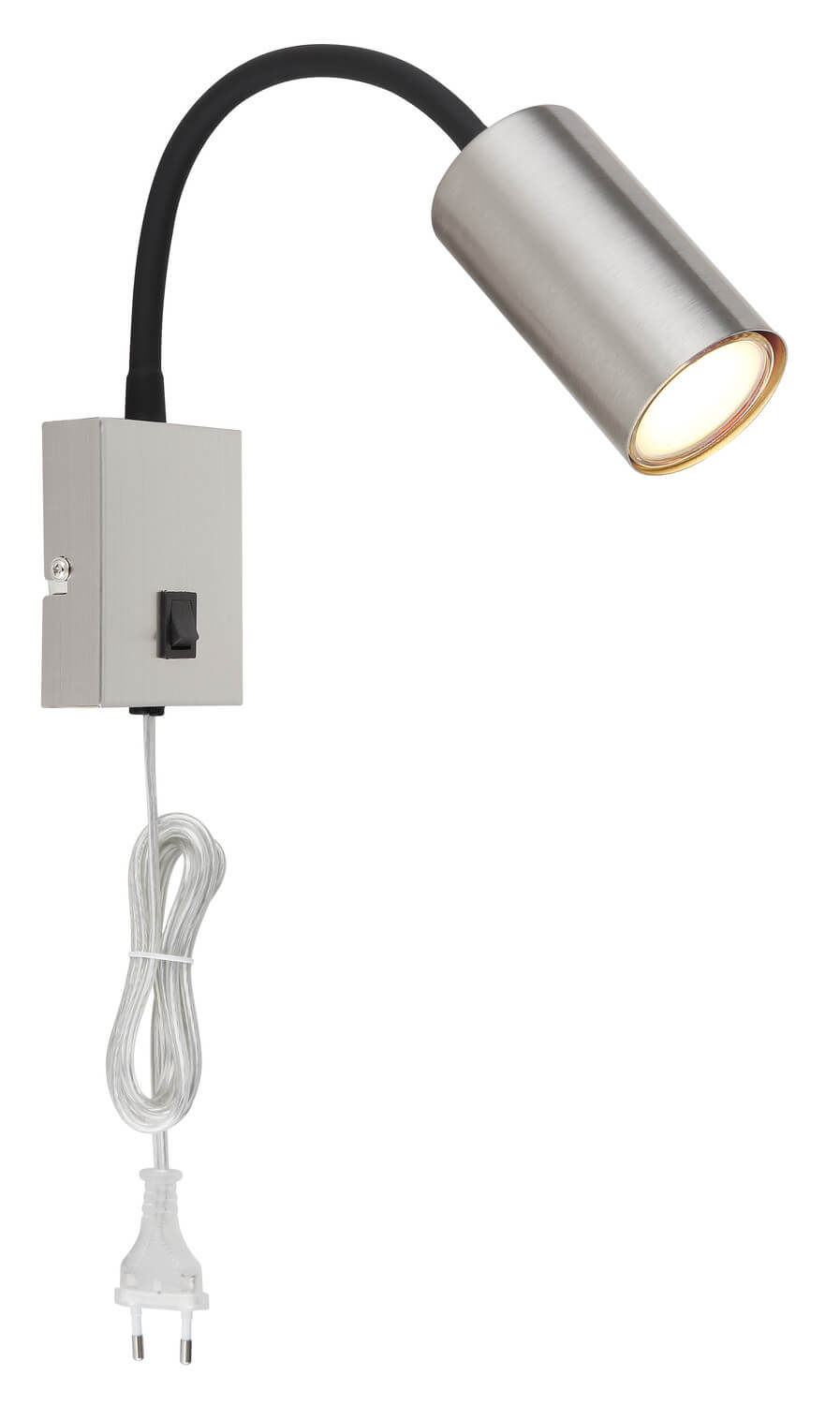 Luminaire mural orientable vu de profil, câble blanc enroulé et fiche apparente