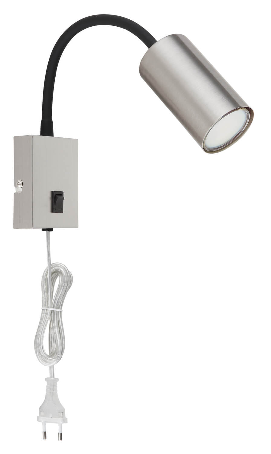 Détail de la tête cylindrique éteinte en nickel satiné, platine avec interrupteur noir