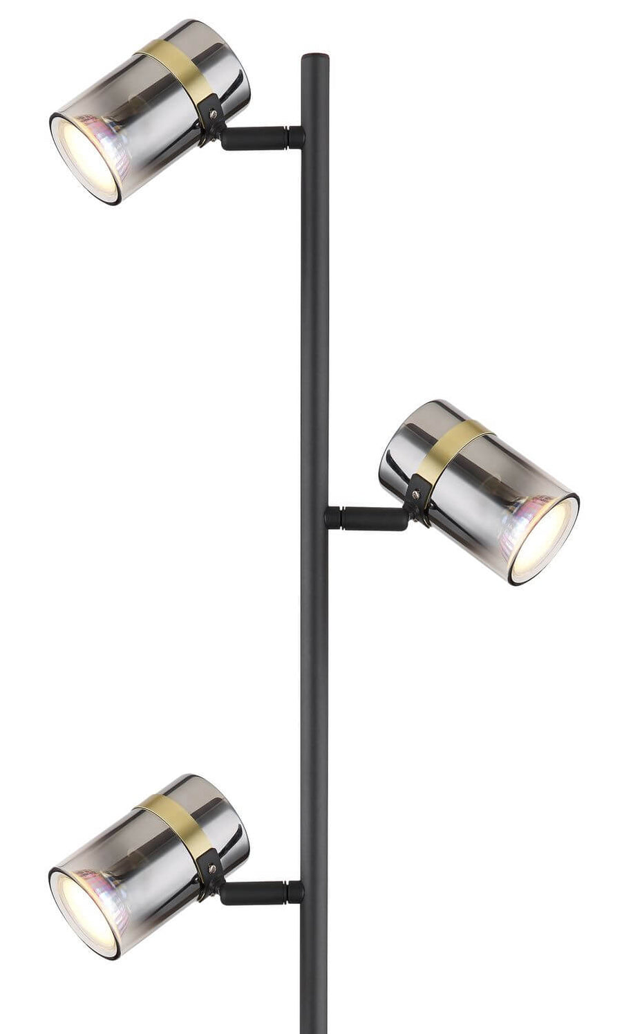 Détail rapproché des trois têtes cylindriques en verre fumé cerclées de laiton.