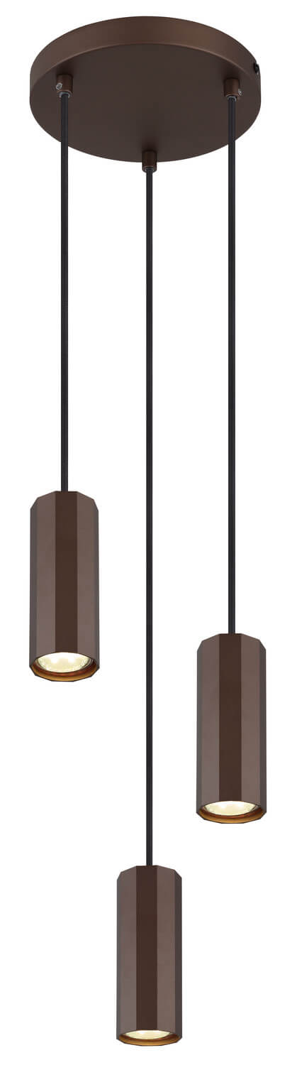 Vue de face du luminaire sur fond blanc, présentant les trois cylindres suspendus.