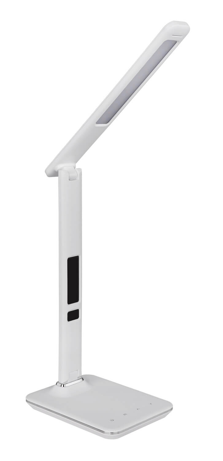 Vue de face de la lampe blanche, mât vertical et tête rectangulaire repliée vers le haut.