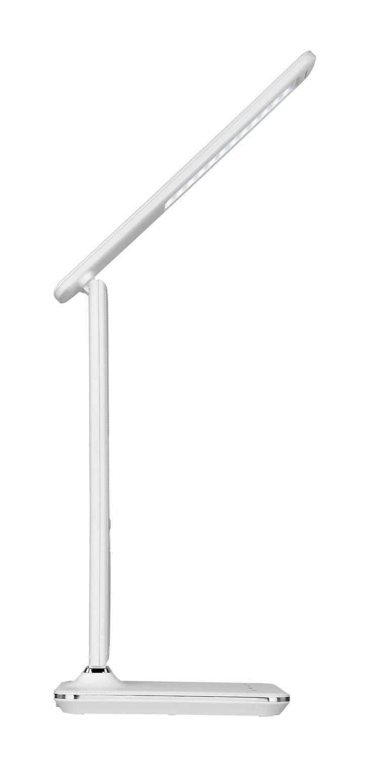 Profil droit de la lampe blanche, montrant la finesse du mât et la base plate.